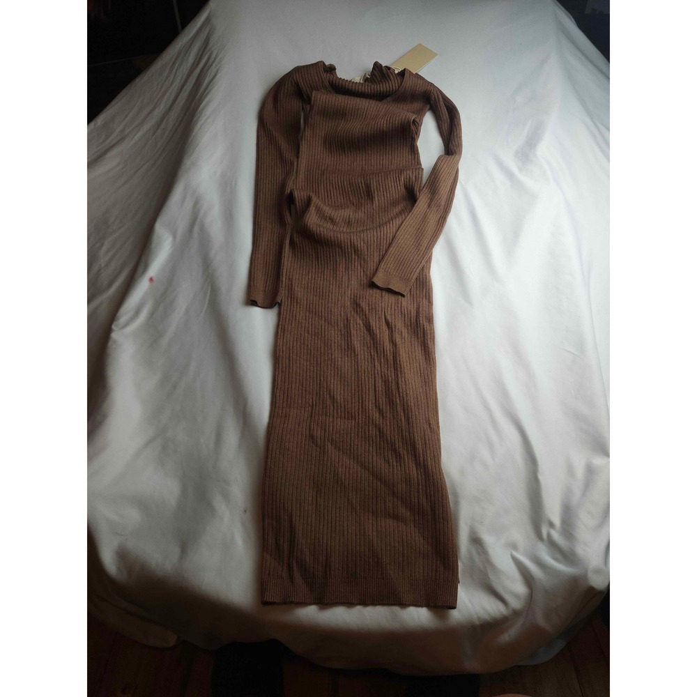 Meshki Brown Ribbed Knit Scoop Neck Long Sleeve Maxi Dress Womens Small NWT